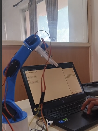 Robotic arm built by Jayaragul, controlled from a servo control panel on a laptop